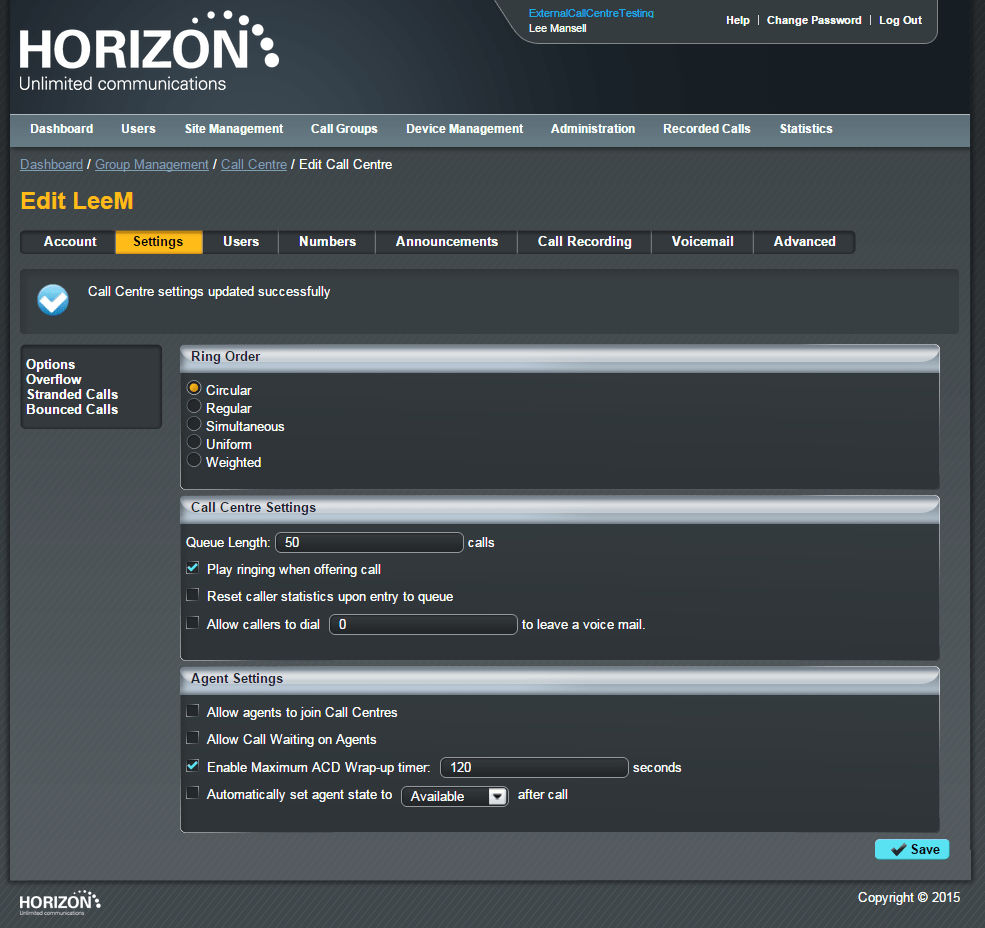 Image of web portal GUI for Horizon Hosted Call Centre