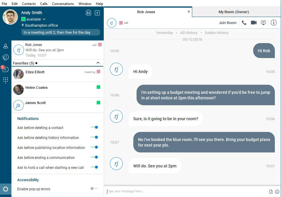 Screenshot of Horizon Collaborate UC chat room